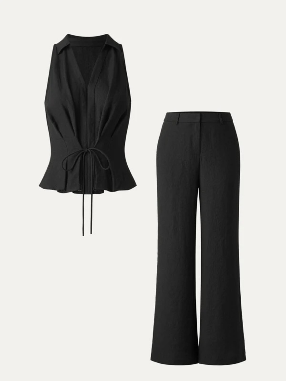 OGL 2Pcs Set Collared V-neck Sleeveless Top & Mid Rise Flared Pant with Pockets